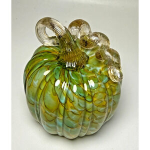 Handblown Glass Pumpkin Figurine Spotted Green Gold Curly Ribbed Stem Fall Gourd